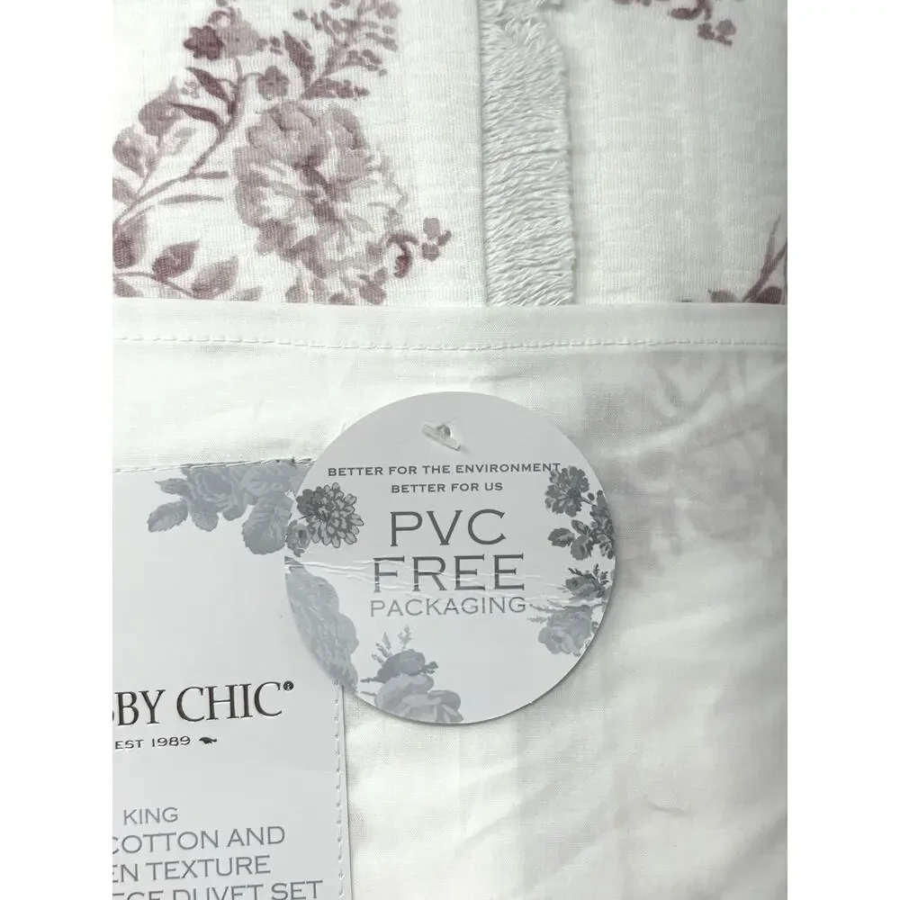 Shabby Chic Cotton Floral Woven KING Size Duvet Set White Rose Pink Fringe